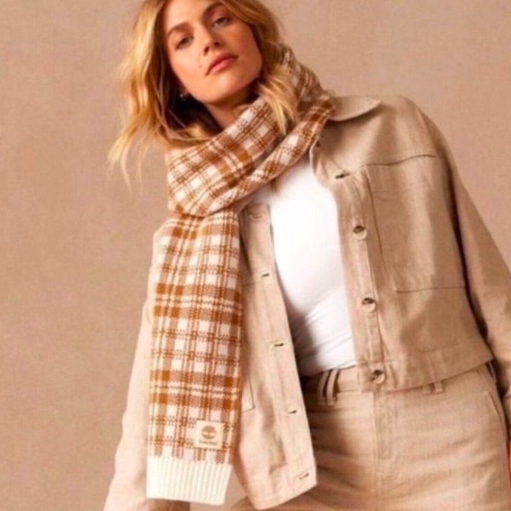 NWOT Timberland Knit Scarf Plaid Cream Tan Lagenlook Streetwear OS Unisex